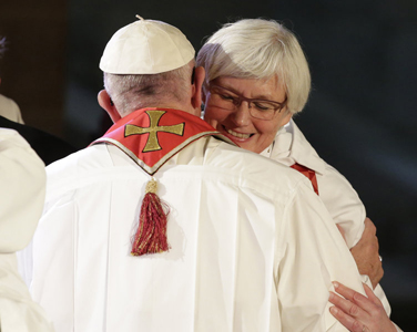 Francis hugging female Lutheran Archbishop Antje Jackelen